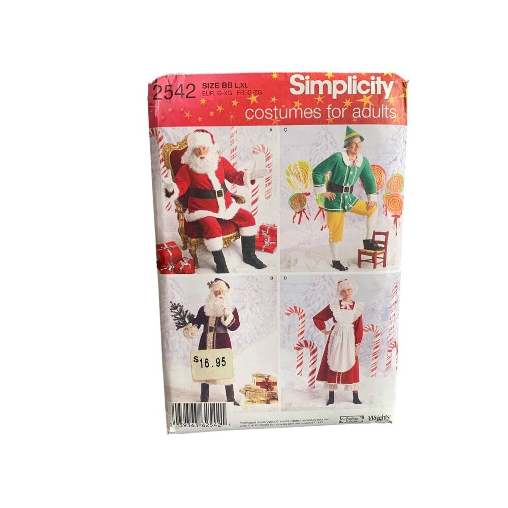 Simplicity 2542 Costumes Sewing Pattern Santa Mrs Claus Elf & Apron L-XL - uncut